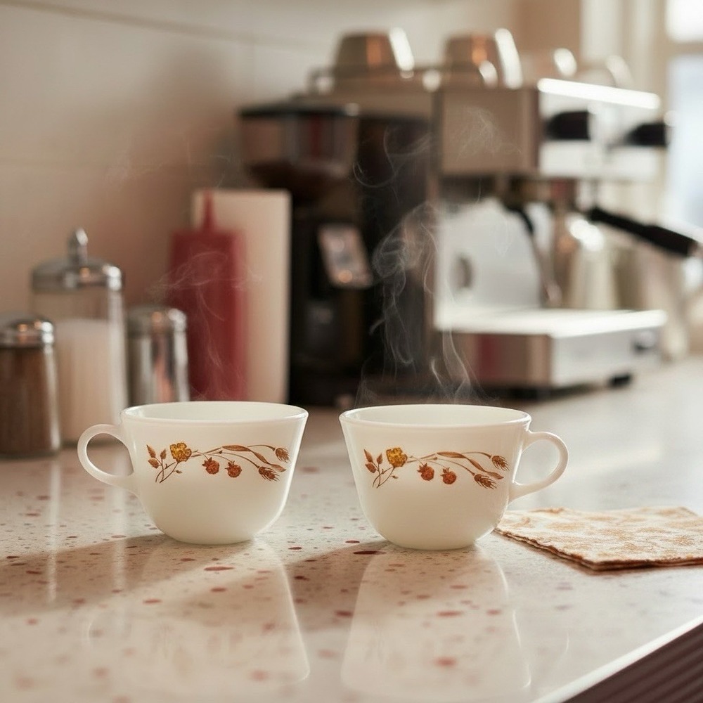 Pyrex Harvest Home Set 2 Milk Glass Wheat Flowers Coffee Tea Cups